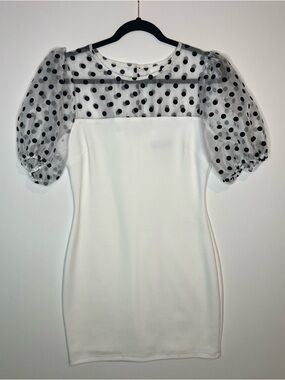 B Darlin White Mini Dress with Black Polka Dot Puff Sleeves